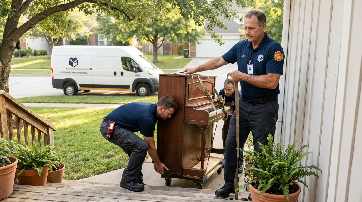 Licensed piano movers securing grand piano in Fairfax, MN