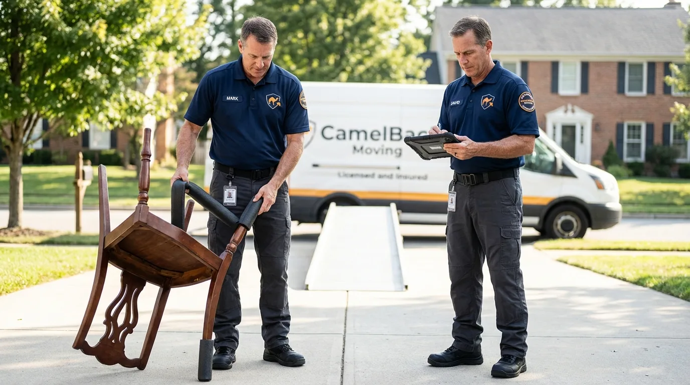 Movers inspecting furniture for damage prevention before loading in Fairfax, MN