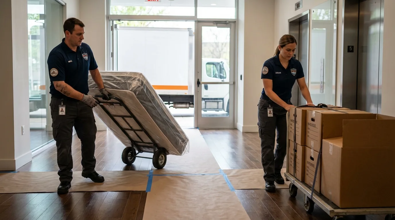 Professional apartment movers loading elevator in Fairfax, MN